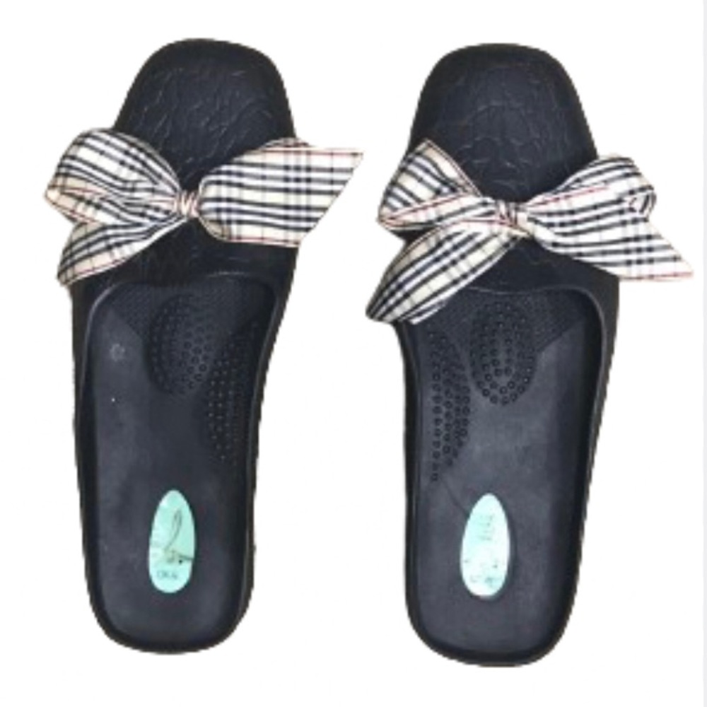 OKA-b Okabashi Vegan Rubber Slides with Plaid Bow Size M/L